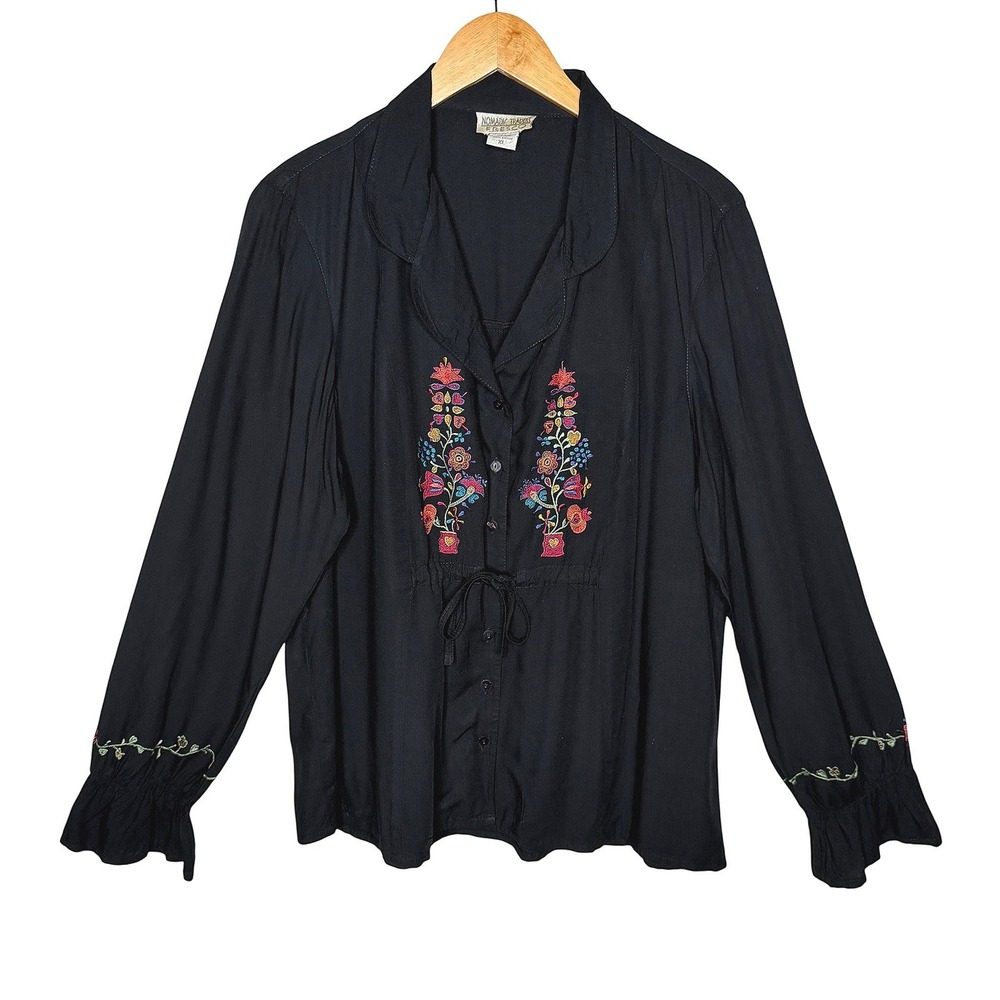 VTG 90's Black Floral Embroidery Button Up Shirt Tunic Rayon XL Boho Cottagecore